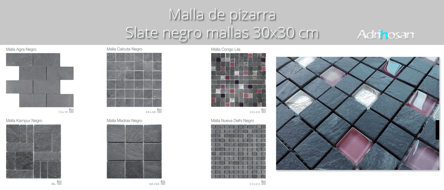 Malla de pizarra Slate negro 30×30 cm. Malla de piedra natural ideal para decoraciones de platos de ducha y exteriores, mezclada con cristal.