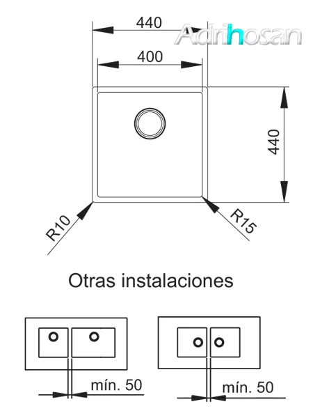 Fregadero acero inoxidable aktuell 4040. Un fregadero con tres posibilidades de instalación, sobre encimera, bajo encimera y enrasado con la encimera.