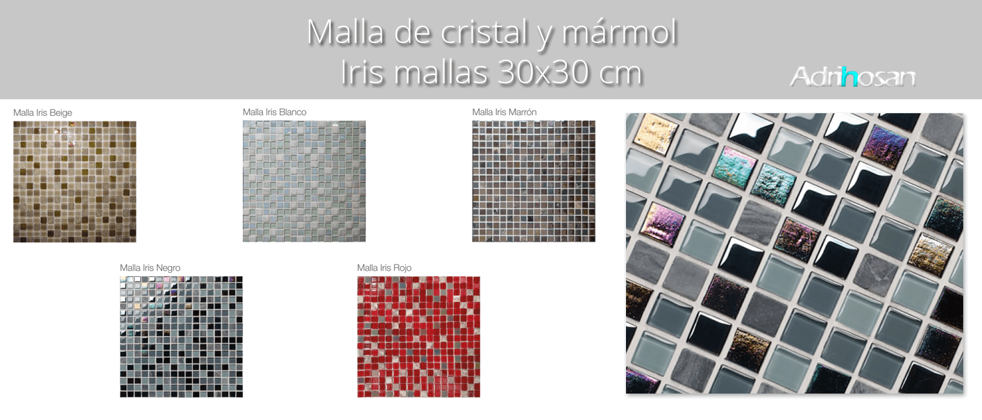 Malla de mármol y cristal Iris 30x30 cm. Malla de cristal y mármol natural para realizar decoraciones espectaculares en baños o cocinas.