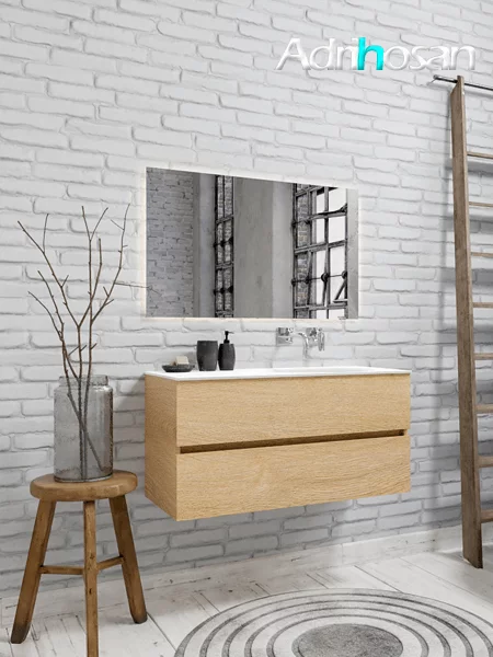 Mueble de baño suspendido Vica 100 Wood roble natural 2 cajones en acabado Wood roble natural mate. Un mueble de baño de apertura suave por uñero con encimera para grifo empotrado y seno derecho.