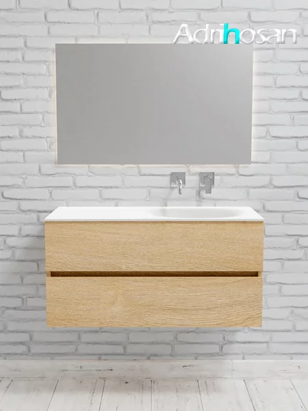 Mueble de baño suspendido Vica 100 Wood roble natural 2 cajones en acabado Wood roble natural mate. Un mueble de baño de apertura suave por uñero con encimera para grifo empotrado y seno derecho.