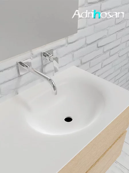 Mueble de baño suspendido Vica 100 Wood roble natural 2 cajones en acabado Wood roble natural mate. Un mueble de baño de apertura suave por uñero con encimera para grifo empotrado y seno derecho.