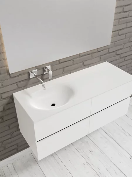 Mueble de baño suspendido Vica 120 Blanco 4 cajones en acabado Blanco . Un mueble de baño de seno izquierdo de apertura suave por uñero con encimera para grifo empotrado.