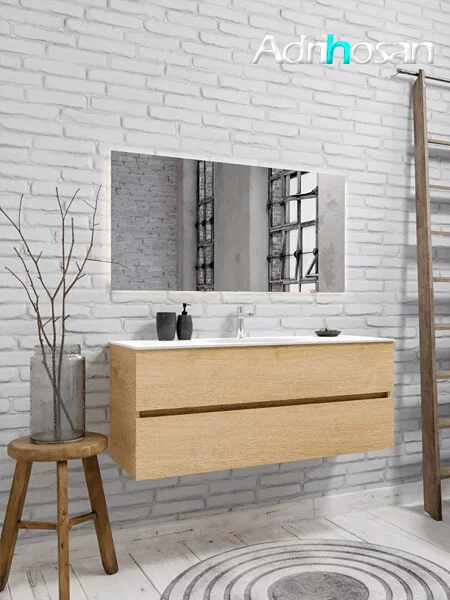 Mueble de baño suspendido Vica 120 Wood roble natural 2 cajones en acabado Wood roble natural mate. Un mueble de baño de apertura suave por uñero con encimera para grifo sobre encimera y seno centrado.