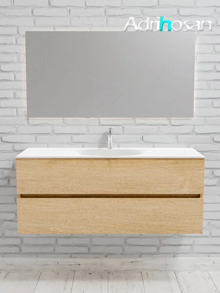 Mueble de baño suspendido Vica 120 Wood roble natural 2 cajones en acabado Wood roble natural mate. Un mueble de baño de apertura suave por uñero con encimera para grifo sobre encimera y seno centrado.