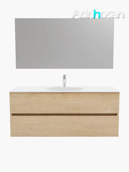 Mueble de baño suspendido Vica 120 Wood roble natural 2 cajones en acabado Wood roble natural mate. Un mueble de baño de apertura suave por uñero con encimera para grifo sobre encimera y seno centrado.