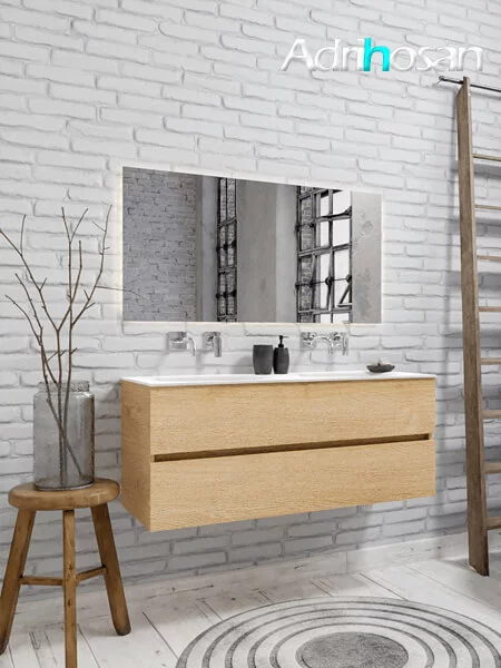 Mueble de baño suspendido Vica 120 Wood roble natural 2 cajones en acabado Wood roble natural mate. Un mueble de baño de apertura suave por uñero con encimera para grifo empotrado y seno doble.