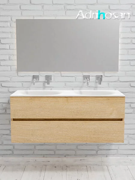 Mueble de baño suspendido Vica 120 Wood roble natural 2 cajones en acabado Wood roble natural mate. Un mueble de baño de apertura suave por uñero con encimera para grifo empotrado y seno doble.