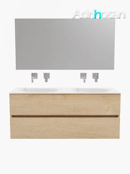 Mueble de baño suspendido Vica 120 Wood roble natural 2 cajones en acabado Wood roble natural mate. Un mueble de baño de apertura suave por uñero con encimera para grifo empotrado y seno doble.