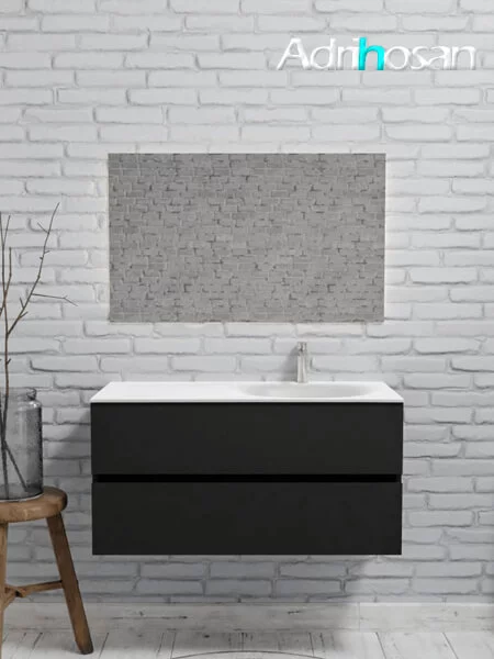 Mueble de baño suspendido Vica 100 negro mate 2 cajones seno derecha. Un mueble de baño de apertura suave por uñero,encimera para grifo sobre encimera.