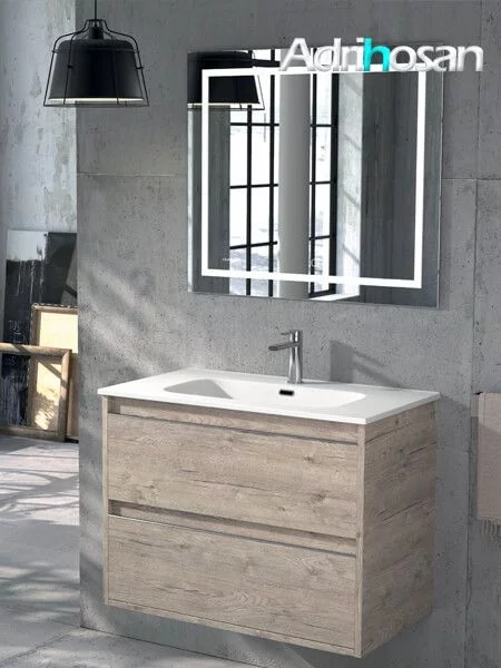 Mueble de baño suspendido 80 cm Nevada de madera Roble Ostippo con lavabo  de porcelana 80 cm - Con columna