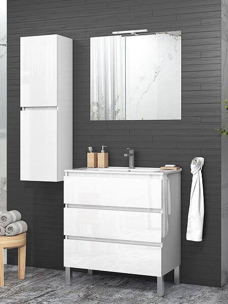 Mueble bajo encimera Dfarago, Mueble de baño, Armario con 2 cajones y  espejo, lavabo no incluido, 80x45h80 cm, Blanco brillante