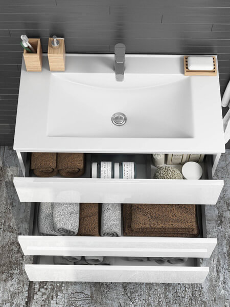 Mueble de Baño al Suelo con Lavabo Cerámico, 70 cm, 3 Cajones con Cierre  Amortiguado y Organizador, Blanco Brillo - Cromo Brillo