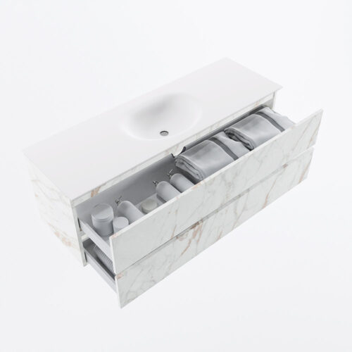 MONDIAZ VICA 140cm mueble de baño Carrara 2 cajones. Lavabo MOON Centro 1 orificio, color Talc. - Imagen 7