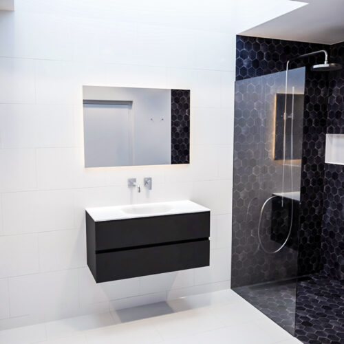 Mueble de baño 100 cm Vica negro mate con 2 cajones, lavabo de Solid surface seno centrado con 0 orificio(s) para el grifo. - Imagen 11