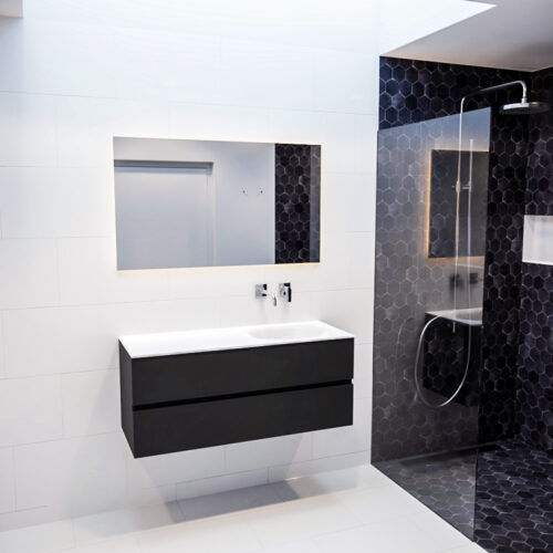 Mueble de baño 120 cm  Vica negro mate con 2 cajones, lavabo de Solid surface seno derecho con 0 orificio(s) para el grifo. - Imagen 11