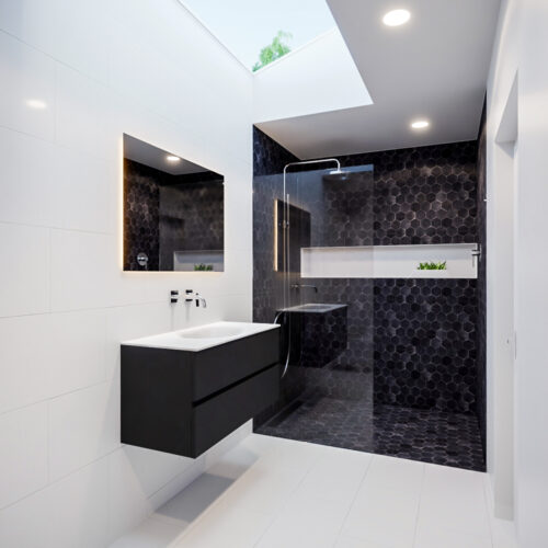 Mueble de baño 100 cm Vica negro mate con 2 cajones, lavabo de Solid surface seno centrado con 0 orificio(s) para el grifo. - Imagen 10