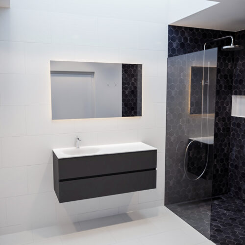 Mueble de baño 120 cm Antracita con 2 cajones, lavabo de Solid surface seno izquierdo con 1 orificio(s) para el grifo. - Imagen 11