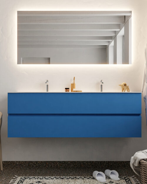 MONDIAZ VICA 150cm mueble de baño Jeans 2 cajones lavabo MOON Doble 2 orificios con espejo LED. - Imagen 3