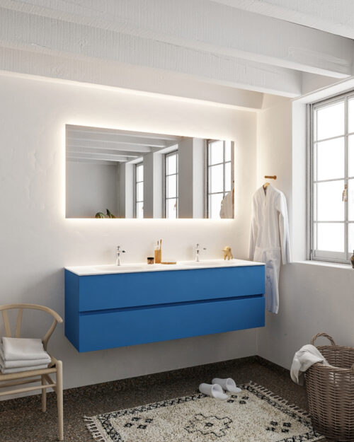 MONDIAZ VICA 150cm mueble de baño Jeans 2 cajones lavabo MOON Doble 2 orificios con espejo LED. - Imagen 2