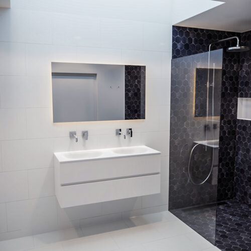 Mueble de baño 120 cm Blanco mate con 2 cajones, lavabo de Solid surface seno doble con 0 orificio(s) para el grifo. - Imagen 11