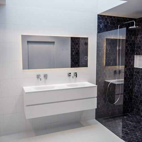 Mueble de baño 150 cm Blanco mate con 2 cajones, lavabo de Solid surface seno doble con 0 orificio(s) para el grifo. - Imagen 11