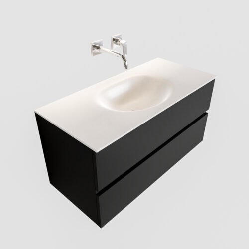 Mueble de baño 100 cm Vica negro mate con 2 cajones, lavabo de Solid surface seno centrado con 0 orificio(s) para el grifo. - Imagen 12