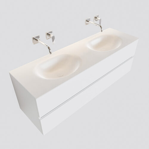 Mueble de baño 150 cm Blanco mate con 2 cajones, lavabo de Solid surface seno doble con 0 orificio(s) para el grifo. - Imagen 12