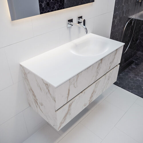 MONDIAZ VICA 100cm mueble de baño Carrara 2 cajones lavabo MOON Derecho sin orificio.