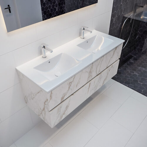 MONDIAZ VICA 120cm mueble de baño Carrara 4 cajones lavabo DENIA Doble 2 orificios.