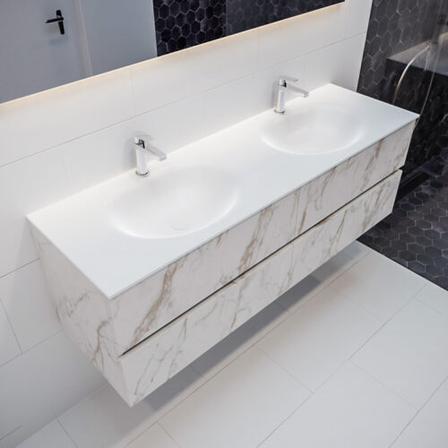 MONDIAZ VICA 150cm mueble de baño Carrara 4 cajones lavabo MOON Doble 2 orificios.