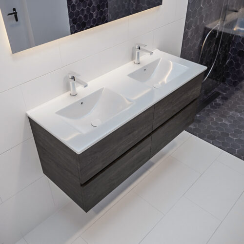 MONDIAZ VICA 120cm mueble de baño Dark Brown 4 cajones lavabo DENIA Doble 2 orificios.