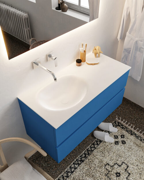 MONDIAZ VICA 100cm mueble de baño Jeans 2 cajones lavabo MOON Izquierda sin orificio.