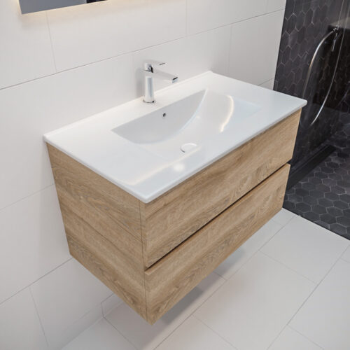 MONDIAZ VICA 80cm mueble de baño Washed Oak 2 cajones lavabo DENIA Centro 1 orificio.