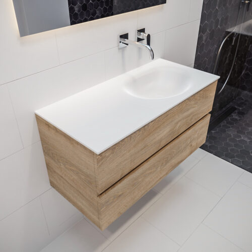 MONDIAZ VICA 100cm mueble de baño Washed Oak 2 cajones lavabo MOON Derecho sin orificio.