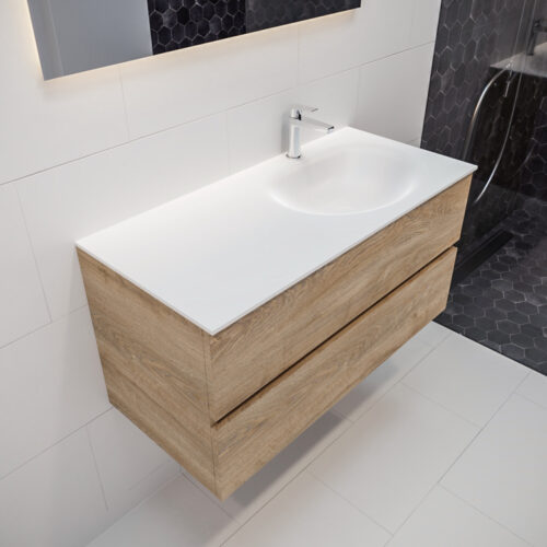 MONDIAZ VICA 100cm mueble de baño Washed Oak 2 cajones lavabo MOON Derecho 1 orificio.