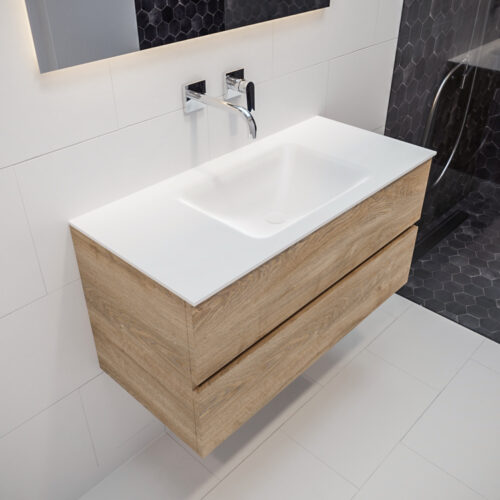 MONDIAZ VICA 100cm mueble de baño Washed Oak 2 cajones lavabo CLOUD Centro sin orificio.