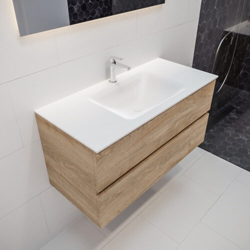 MONDIAZ VICA 100cm mueble de baño Washed Oak 2 cajones lavabo CLOUD Centro 1 orificio.