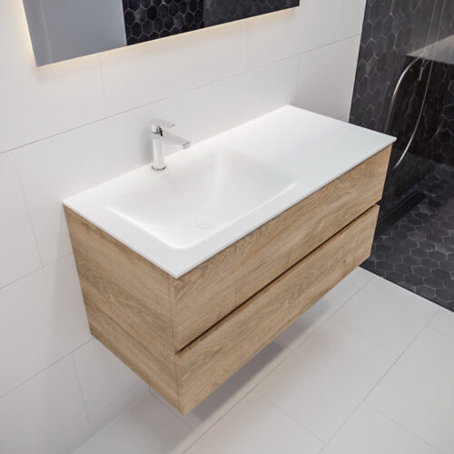 MONDIAZ VICA 100cm mueble de baño Washed Oak 2 cajones lavabo CLOUD Izquierda 1 orificio.