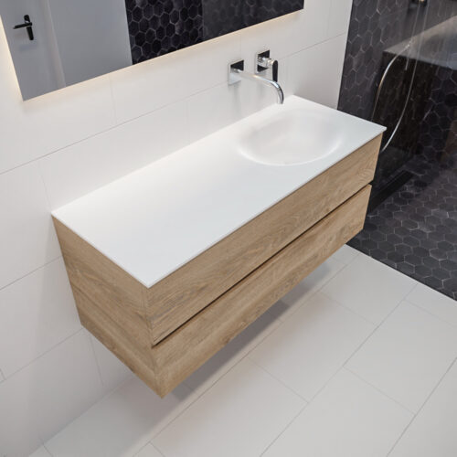 MONDIAZ VICA 120cm mueble de baño Washed Oak 2 cajones lavabo MOON Derecho sin orificio.