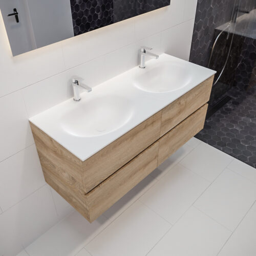 MONDIAZ VICA 120cm mueble de baño Washed Oak 4 cajones lavabo MOON Doble 2 orificios.