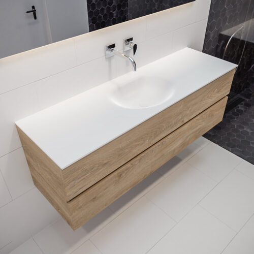 MONDIAZ VICA 150cm mueble de baño Washed Oak 2 cajones lavabo MOON Centro sin orificio.