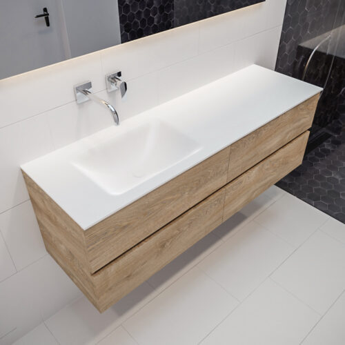 MONDIAZ VICA 150cm mueble de baño Washed Oak 4 cajones lavabo CLOUD Izquierda sin orificio.