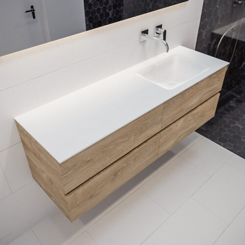 MONDIAZ VICA 150cm mueble de baño Washed Oak 4 cajones lavabo CLOUD Derecho sin orificio.