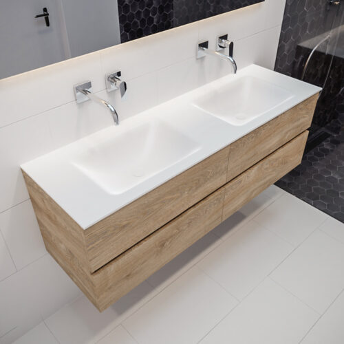 MONDIAZ VICA 150cm mueble de baño Washed Oak 4 cajones lavabo CLOUD Doble sin orificio.