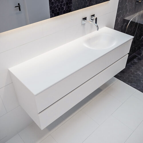 MONDIAZ VICA 150cm mueble de baño Talc 2 cajones lavabo MOON Derecho sin orificio.