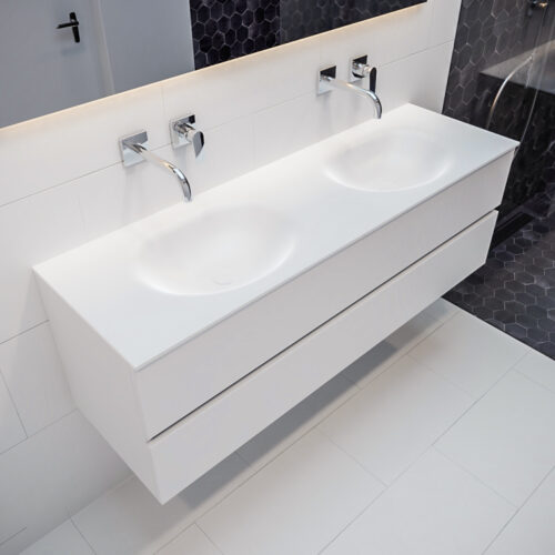 MONDIAZ VICA 150cm mueble de baño Talc 2 cajones lavabo MOON Doble sin orificio.