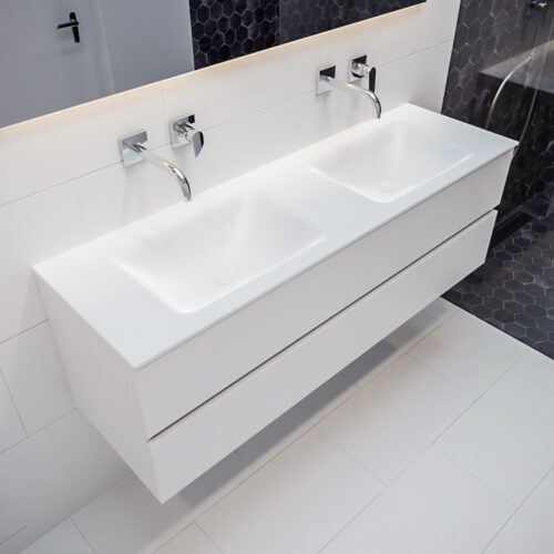 MONDIAZ VICA 150cm mueble de baño Talc 2 cajones lavabo CLOUD Doble sin orificio.