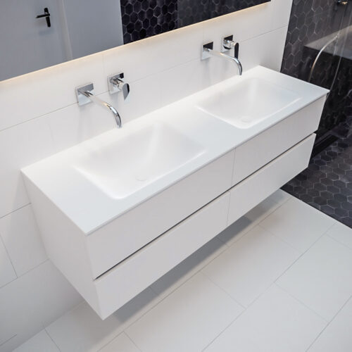 MONDIAZ VICA 150cm mueble de baño Talc 4 cajones lavabo CLOUD Doble sin orificio.