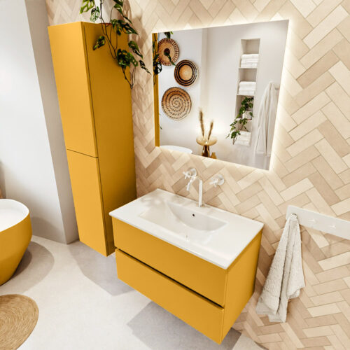 MONDIAZ VICA 80cm mueble de baño Ocher 2 cajones. Lavabo DENIA Centro 1 orificio color Blanco brillo con espejo LED.